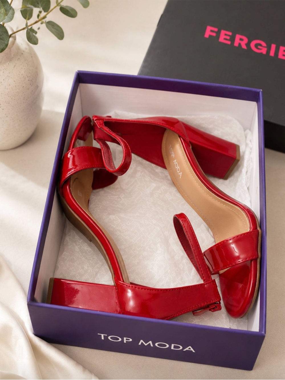 SHEIN Red Patent Block Heel Sandals with Ankle Strap